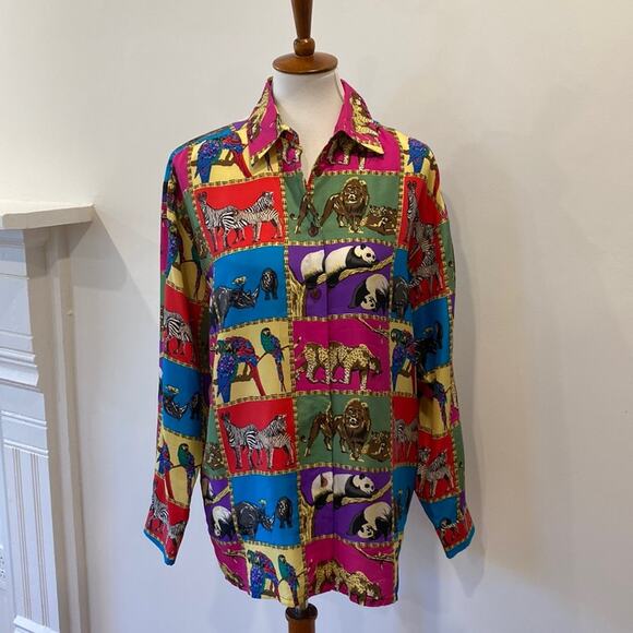 Vintage Womens Top Silk Medium Animal Lover Womens Button down 90s Shirt Medium - Picture 8 of 17